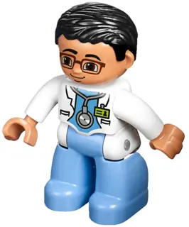 47394PB171:  Duplo Figure Lego Ville, Male Medic, Medium Blue Legs, White Lab Coat, Stethoscope, Glasses, Black Hair
