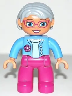 47394PB173:  Duplo Figure Lego Ville, Female, Magenta Legs, Medium Blue Top with Flower, Light Bluish Gray Hair, Blue Eyes, Glasses