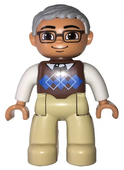47394PB174:  Duplo Figure Lego Ville, Male, Tan Legs, Reddish Brown Argyle Sweater Vest, White Arms, Light Bluish Gray Hair, Glasses