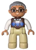 Minifigurka: 47394PB174:  Duplo Figure Lego Ville, Male, Tan Legs, Reddish Brown Argyle Sweater Vest, White Arms, Light Bluish Gray Hair, Glasses