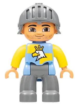 47394PB178:  Duplo Figure Lego Ville, Male Castle, Dark Bluish Gray Legs, Blue and Yellow Chest with Crowned Eagle, Helmet