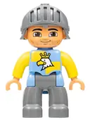 Minifigurka: 47394PB178:  Duplo Figure Lego Ville, Male Castle, Dark Bluish Gray Legs, Blue and Yellow Chest with Crowned Eagle, Helmet