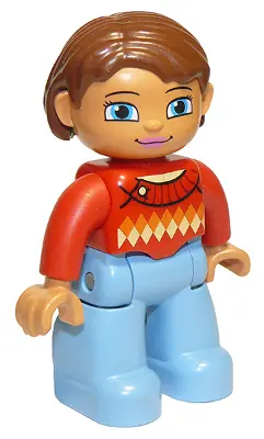 47394PB180:  Duplo Figure Lego Ville, Female, Medium Blue Legs, Red Sweater with Diamond Pattern, Reddish Brown Hair, Blue Eyes