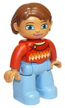 Minifigurka: 47394PB180:  Duplo Figure Lego Ville, Female, Medium Blue Legs, Red Sweater with Diamond Pattern, Reddish Brown Hair, Blue Eyes