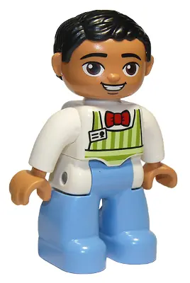 47394PB182:  Duplo Figure Lego Ville, Male, Medium Blue Legs, Lime Striped Apron, Red Bow Tie, Black Hair, Oval Eyes