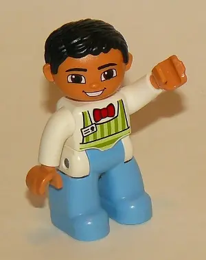 47394PB182A:  Duplo Figure Lego Ville, Male, Medium Blue Legs, Lime Striped Apron, Red Bow Tie, Black Hair