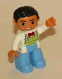 Minifigurka: 47394PB182A:  Duplo Figure Lego Ville, Male, Medium Blue Legs, Lime Striped Apron, Red Bow Tie, Black Hair