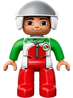 47394PB183:  Duplo Figure Lego Ville, Male, Red Legs, Race Top with Zipper and Octan Logo, White Helmet