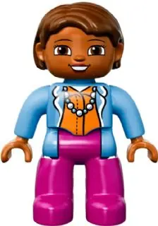 47394PB190:  Duplo Figure Lego Ville, Female, Magenta Legs, Medium Blue Top with Necklace, Dark Orange Head, Reddish Brown Hair