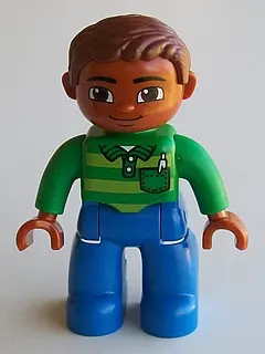 47394PB191:  Duplo Figure Lego Ville, Male, Blue Legs, Green Top with Pen, Reddish Brown Hair