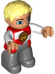 47394PB196:  Duplo Figure Lego Ville, Male Castle, Dark Bluish Gray Legs, Red and White Chest with Lion on Shield, Bright Light Yellow Hair, Blue Eyes