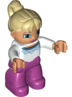 47394PB197:  Duplo Figure Lego Ville, Female, Magenta Legs, White Sweater with Blue Flowers Pattern, Tan Ponytail Hair, Blue Eyes
