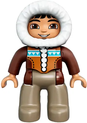 47394PB200:  Duplo Figure Lego Ville, Male, Dark Tan Legs, Reddish Brown Hooded Parka, Brown Eyes