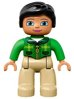 47394PB203:  Duplo Figure Lego Ville, Female, Tan Legs, Green Top with Tartan Plaid and Zipper, Bright Green Arms, Black Hair (6138772)