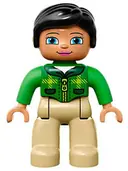 Minifigurka: 47394PB203:  Duplo Figure Lego Ville, Female, Tan Legs, Green Top with Tartan Plaid and Zipper, Bright Green Arms, Black Hair (6138772)