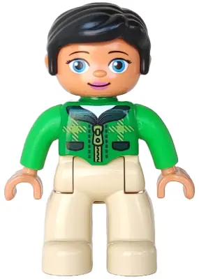 47394PB203A:  Duplo Figure Lego Ville, Female, Tan Legs, Green Top with Tartan Plaid and Zipper, Bright Green Arms, Black Hair, Oval Eyes (6183830 / 6203756 / 6273383)