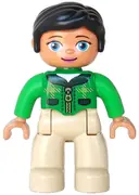 Minifigurka: 47394PB203A:  Duplo Figure Lego Ville, Female, Tan Legs, Green Top with Tartan Plaid and Zipper, Bright Green Arms, Black Hair, Oval Eyes (6183830 / 6203756 / 6273383)