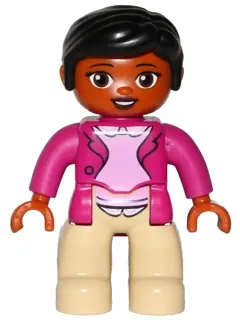 47394PB214:  Duplo Figure Lego Ville, Female, Tan Legs, Magenta Jacket and Pink Blouse Pattern, Black Hair, Brown Eyes
