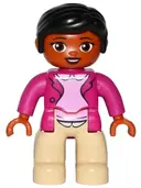 Minifigurka: 47394PB214:  Duplo Figure Lego Ville, Female, Tan Legs, Magenta Jacket and Pink Blouse Pattern, Black Hair, Brown Eyes