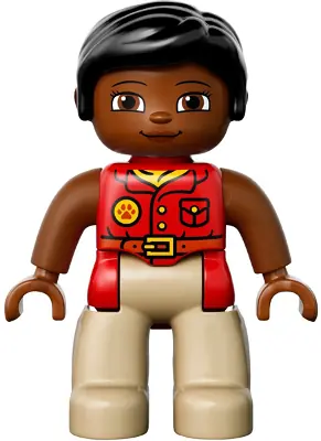 47394PB215:  Duplo Figure Lego Ville, Female, Tan Legs, Red Shirt, Black Hair, Reddish Brown Arms