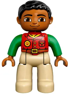 47394PB216:  Duplo Figure Lego Ville, Male, Tan Legs, Red Shirt, Black Hair, Bright Green Arms