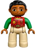 Minifigurka: 47394PB216:  Duplo Figure Lego Ville, Male, Tan Legs, Red Shirt, Black Hair, Bright Green Arms