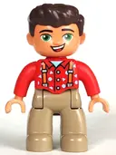Minifigurka: 47394PB220:  Duplo Figure Lego Ville, Male, Dark Tan Legs, Red Top with Suspenders, Dark Brown Hair