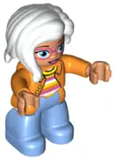 Minifigurka: 47394PB221:  Duplo Figure Lego Ville, Female, Medium Blue Legs, Orange Jacket, Striped Sweater, White Hair