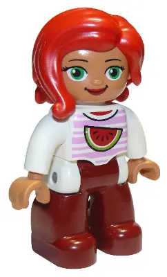 47394PB226:  Duplo Figure Lego Ville, Female, Dark Red Legs, White Top with Bright Pink Stripes and Watermelon Pattern, Green Eyes, Red Hair