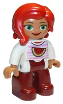 Minifigurka: 47394PB226:  Duplo Figure Lego Ville, Female, Dark Red Legs, White Top with Bright Pink Stripes and Watermelon Pattern, Green Eyes, Red Hair