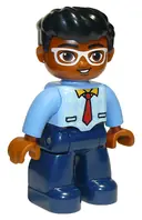 Minifigurka: 47394PB227:  Duplo Figure Lego Ville, Male, Dark Blue Legs, Bright Light Blue Top with Medium Blue Sleeves and Tie Pattern, White Glasses, Black Hair