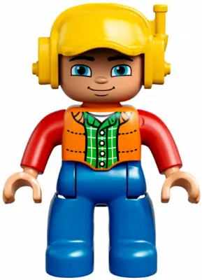 47394PB231:  Duplo Figure Lego Ville, Male, Blue Legs, Orange Vest, Dark Green Plaid Shirt, Red Arms, Yellow Cap with Headset
