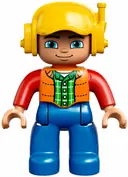 Minifigurka: 47394PB231:  Duplo Figure Lego Ville, Male, Blue Legs, Orange Vest, Dark Green Plaid Shirt, Red Arms, Yellow Cap with Headset