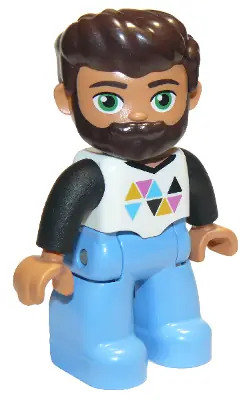 47394PB233:  Duplo Figure Lego Ville, Male, Medium Blue Legs, White Top with Triangles, Black Arms, Dark Brown Hair and Beard