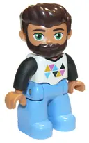 Minifigurka: 47394PB233:  Duplo Figure Lego Ville, Male, Medium Blue Legs, White Top with Triangles, Black Arms, Dark Brown Hair and Beard