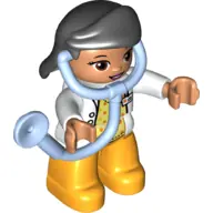 47394PB234:  Duplo Figure Lego Ville, Female Medic, Bright Light Orange Legs, White Top with ID Badge, White Arms, Black Hair, Attached Stethoscope (6206123)