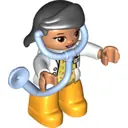 Minifigurka: 47394PB234:  Duplo Figure Lego Ville, Female Medic, Bright Light Orange Legs, White Top with ID Badge, White Arms, Black Hair, Attached Stethoscope (6206123)