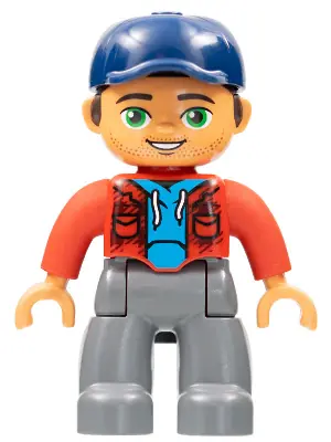 47394PB245:  Duplo Figure Lego Ville, Male, Dark Bluish Gray Legs, Red Jacket, Medium Azure Shirt, Dark Blue Cap