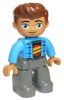 Minifigurka: 47394PB246:  Duplo Figure Lego Ville, Male, Dark Bluish Gray Legs, Dark Azure Jacket, Black Shirt, Reddish Brown Hair