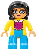 Minifigurka: 47394PB248:  Duplo Figure Lego Ville, Female, Dark Azure Legs, Yellow Jacket, Magenta Top, Black Hair