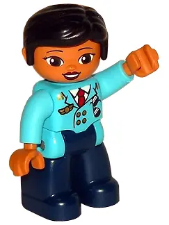 47394PB249:  Duplo Figure Lego Ville, Female Pilot, Dark Blue Legs, Medium Azure Top with Red Tie, Black Hair (6273387)