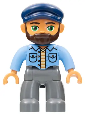 47394PB250:  Duplo Figure Lego Ville, Male, Dark Bluish Gray Legs, Medium Blue Shirt, Dark Blue Cap, Beard
