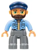 Minifigurka: 47394PB250:  Duplo Figure Lego Ville, Male, Dark Bluish Gray Legs, Medium Blue Shirt, Dark Blue Cap, Beard