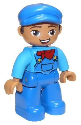 47394PB252:  Duplo Figure Lego Ville, Male, Blue Legs, Dark Azure Shirt with Blue Overalls and Red Neckerchief Scarf Pattern, Blue Cap (6273563)