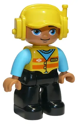 47394PB253:  Duplo Figure Lego Ville, Male, Black Legs, Medium Azure Shirt, Yellow Safety Vest with Train Logo, Yellow Cap with Headset
