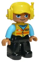 Minifigurka: 47394PB253:  Duplo Figure Lego Ville, Male, Black Legs, Medium Azure Shirt, Yellow Safety Vest with Train Logo, Yellow Cap with Headset