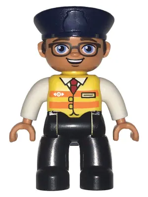 47394PB254:  Duplo Figure Lego Ville, Male, Black Legs, White Shirt, Yellow Safety Vest with Train Logo, Dark Blue Hat, Brown Hair and Glasses