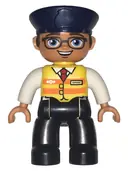 Minifigurka: 47394PB254:  Duplo Figure Lego Ville, Male, Black Legs, White Shirt, Yellow Safety Vest with Train Logo, Dark Blue Hat, Brown Hair and Glasses