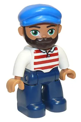 47394PB255:  Duplo Figure Lego Ville, Male, Dark Blue Legs, White Shirt with Red Horizontal Stripes, Blue Cap and Beard