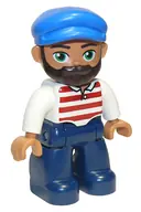 Minifigurka: 47394PB255:  Duplo Figure Lego Ville, Male, Dark Blue Legs, White Shirt with Red Horizontal Stripes, Blue Cap and Beard